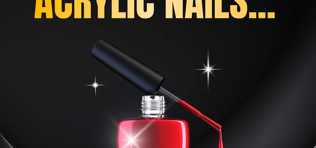 Red nail polish bottle with invention text on golden cloth.