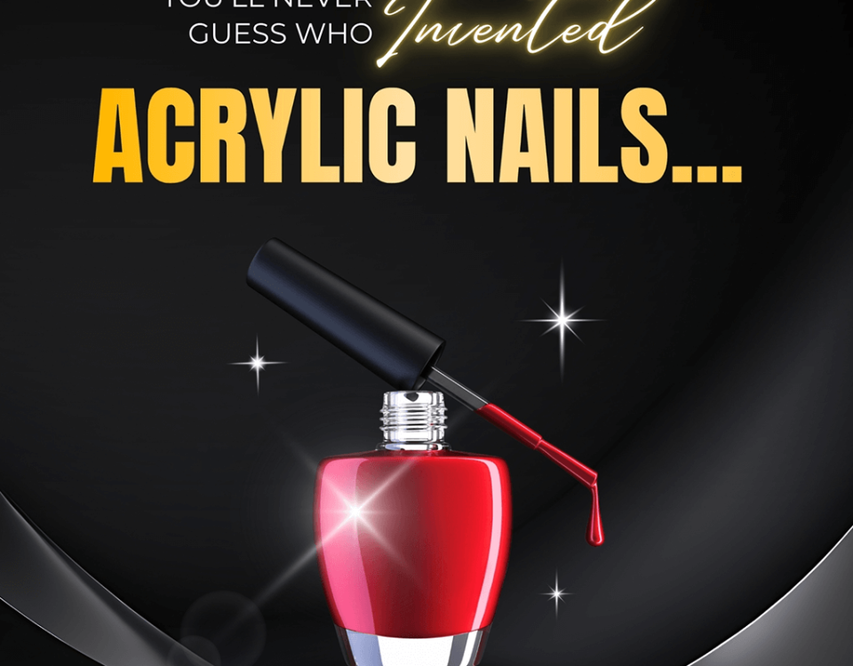 Red nail polish bottle with invention text on golden cloth.